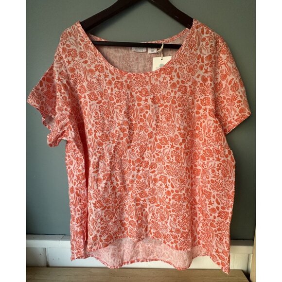 Sigrid Olsen Womens Shirt Top Size XL Pink Orange Floral Linen Short Sleeve - Picture 5 of 5